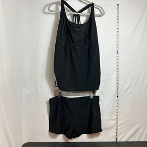 Yonique Plus Size‎ black cinched tieable sides tankini top and boy shorts 20W